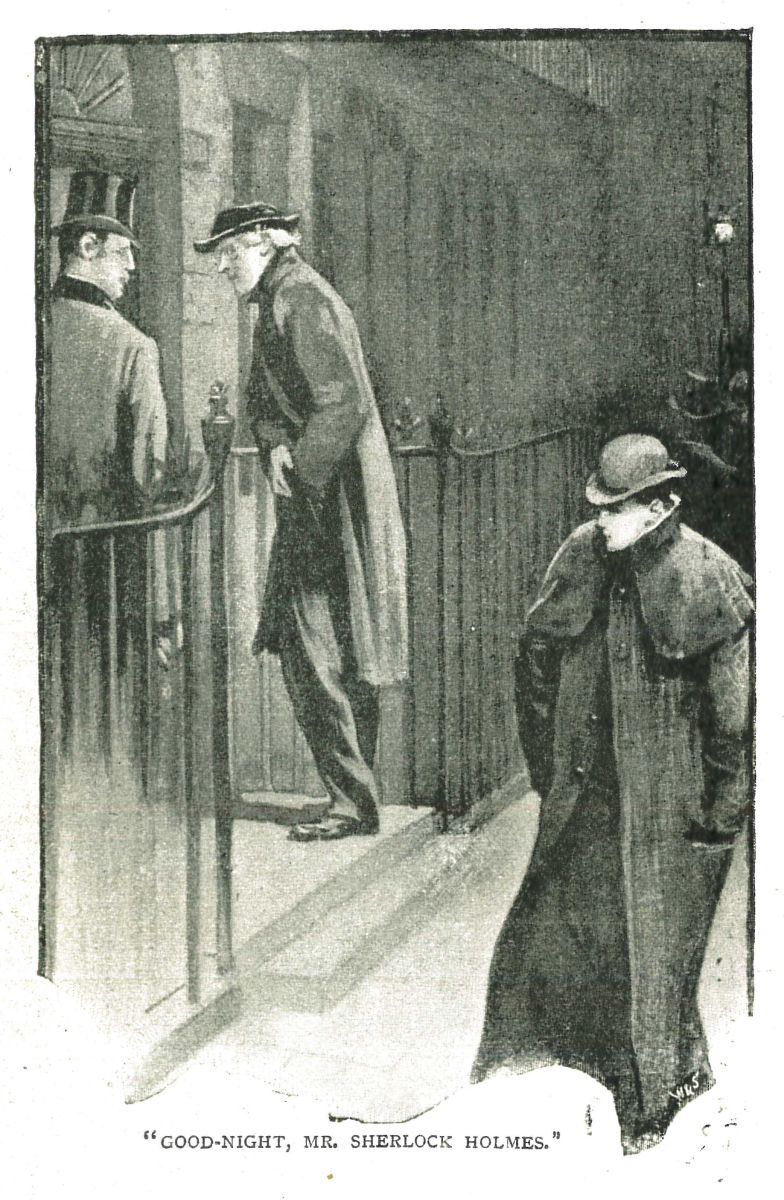 A black and white illustration with Sherlock Holmes walking into his house with someone and someone walking away down the street with the caption "Good-night, mr Sherlock Holmes."